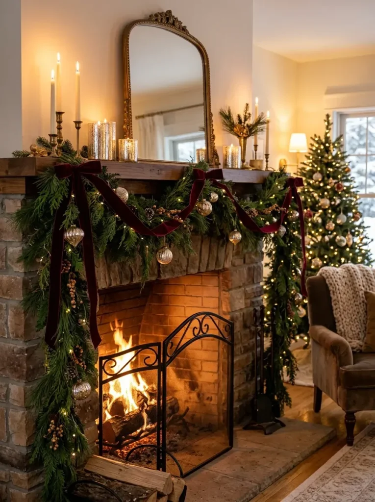 1. Fresh Pine Garland with Velvet Ribbon