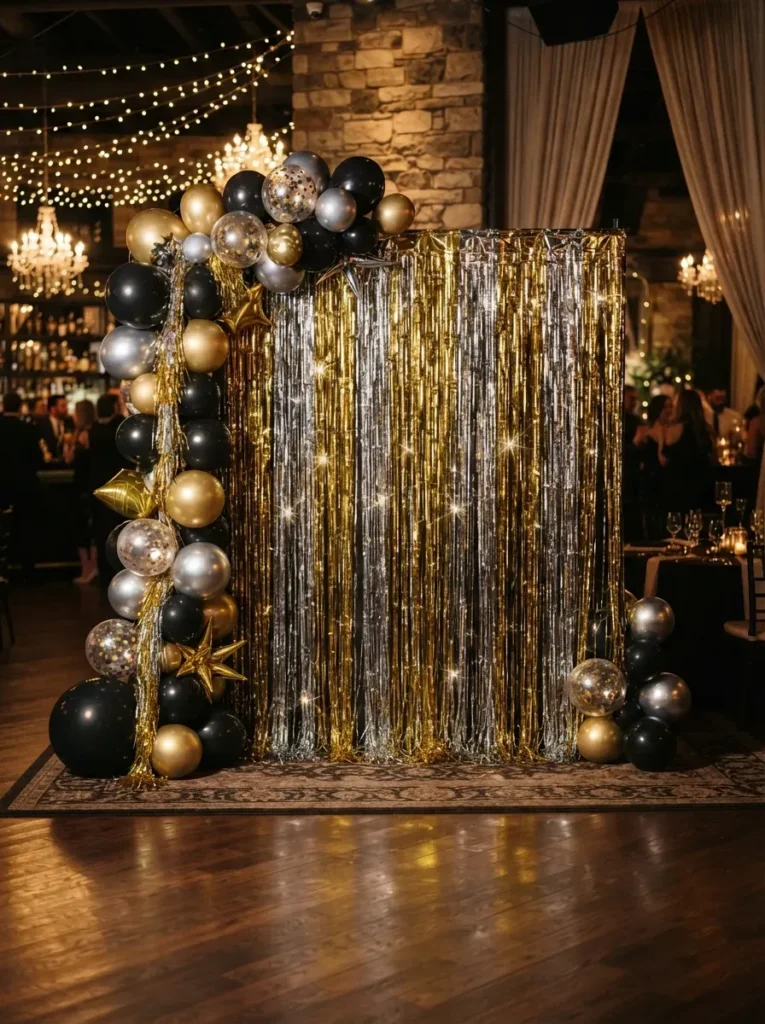 2. Metallic Fringe Curtain Backdrop
