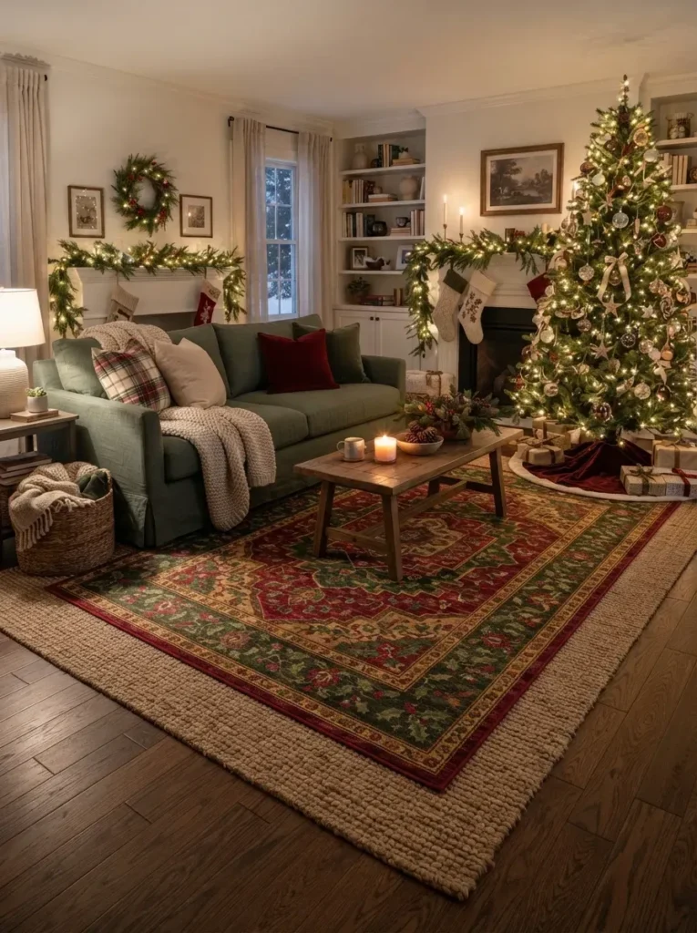 11. Bring in a Festive Rug or Layer One Over Your Current Rug