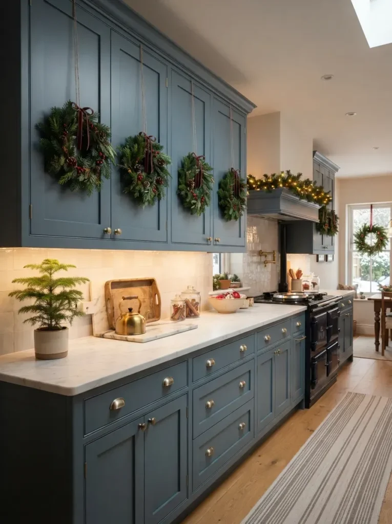 22. Hang a Mini Wreath on Cabinet Doors