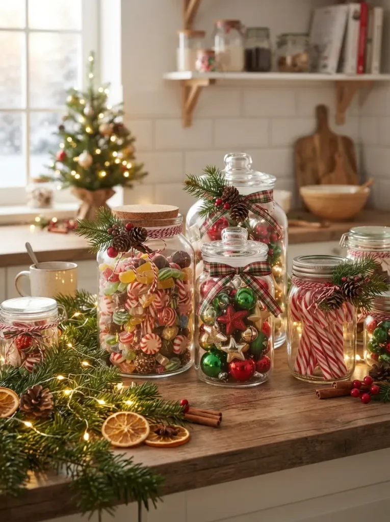 23. Fill Glass Jars With Holiday Candy or Ornaments