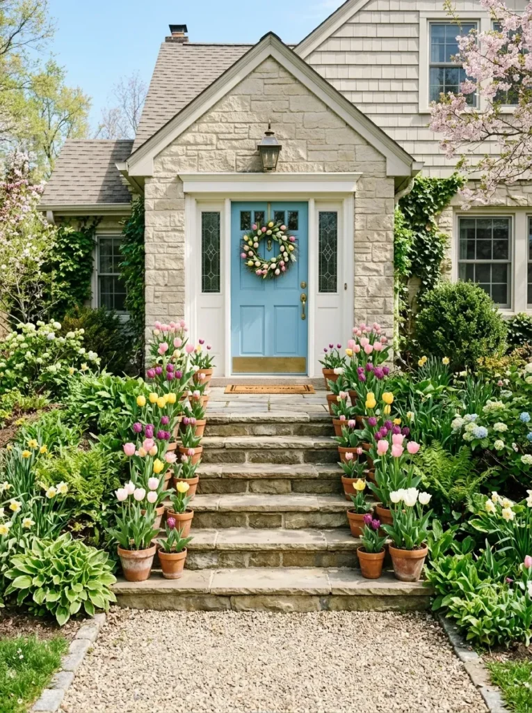 2. Line The Steps With Potted Tulips