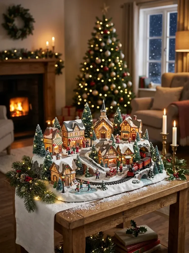 8. Use a Christmas Village on a Side Table